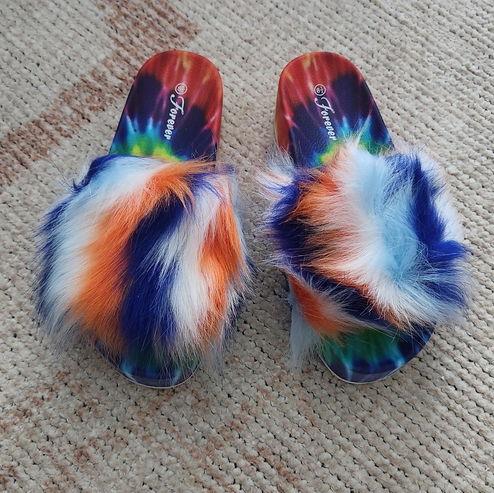 Faux Fur Tie Dye Platform Slides Blue Multi - Picture 8 of 12